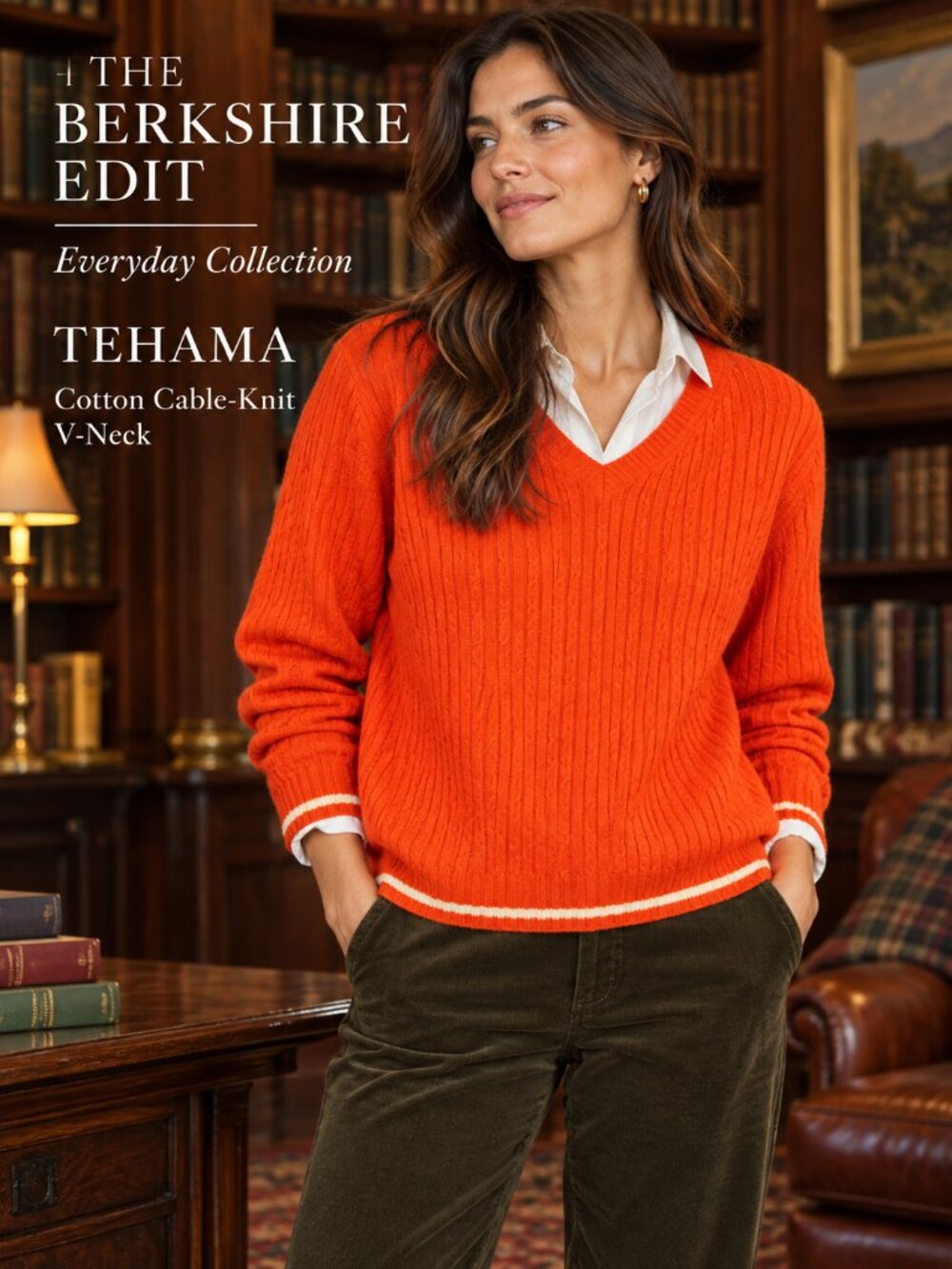 Tehama Orange Cotton Cable Knit V-Neck Sweater XL Preppy Golf Grandpa